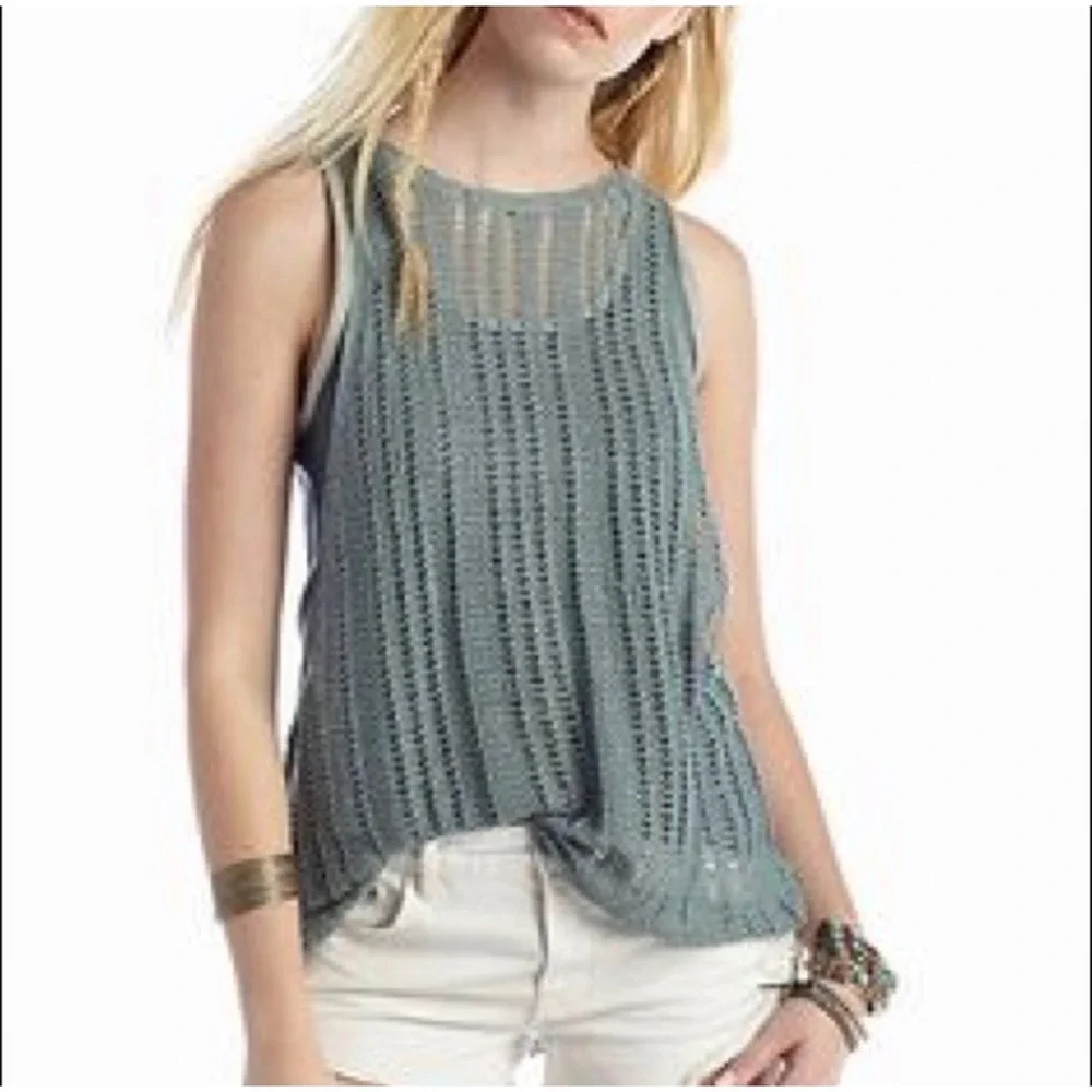 FREE PEOPLE Double Take Tank Crochet Layered Relaxed Fit Blue M/L Boho Artsy